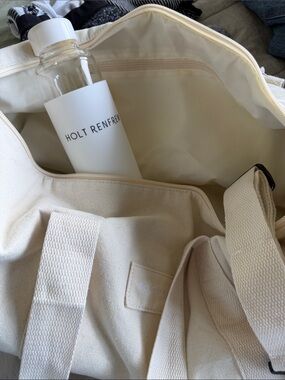 Holt Renfrew Cream Canvas Duffle Bag & Glass Water Bottle with silicone Sleeve